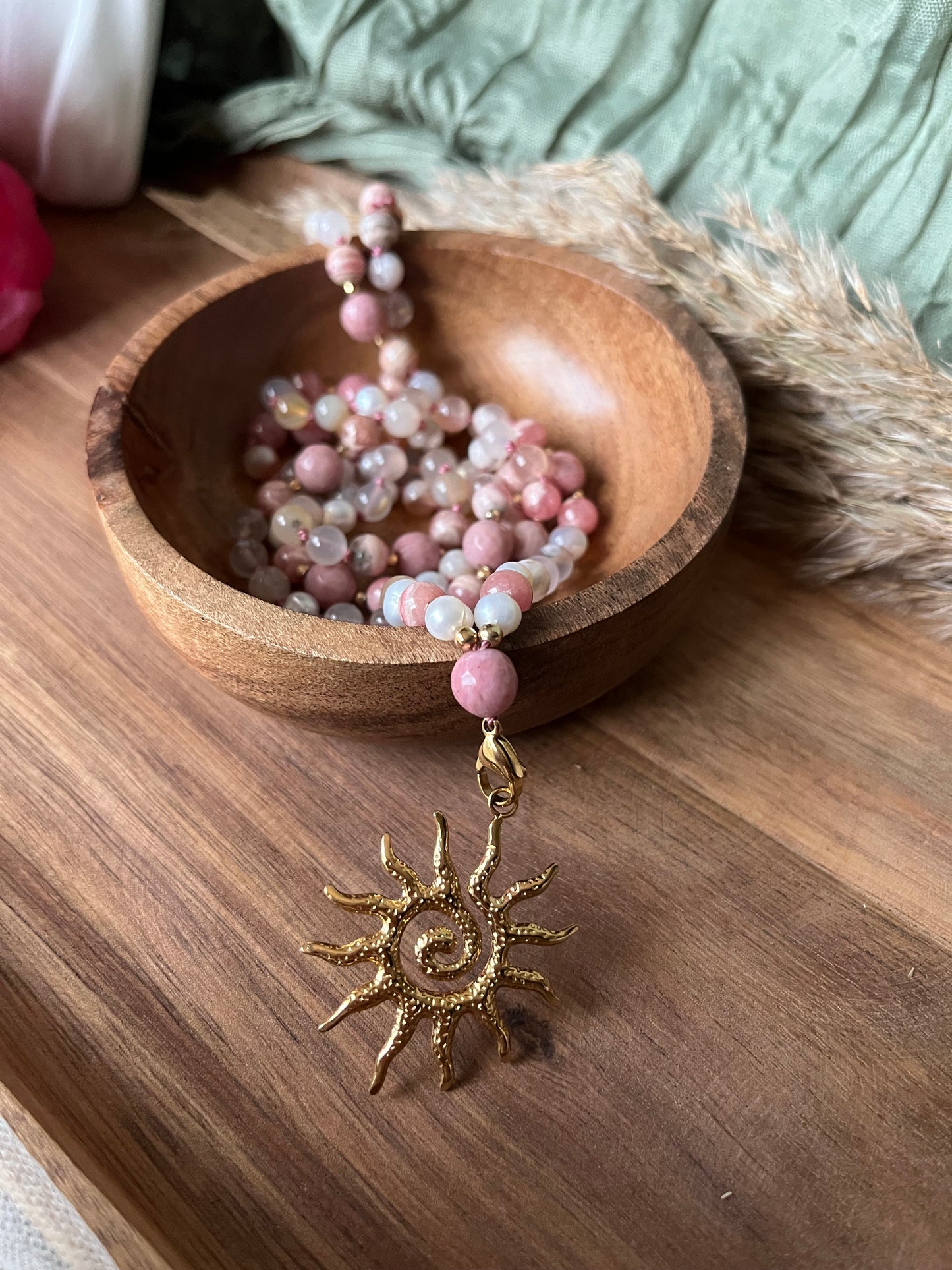 Mala « Souffle de Cerisier » AMOUR - GUÉRISON- DOUCEUR - Perles d’eau douce - Agate fleur de cerisier - Rhodochrosite