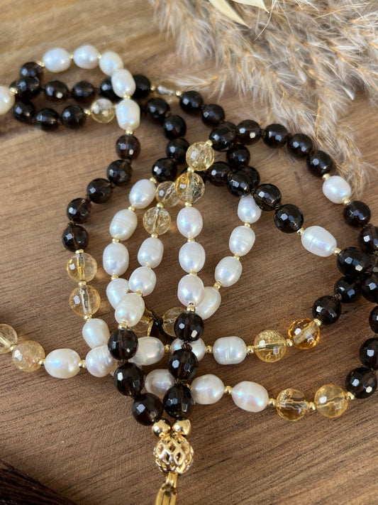 Mala " Lumière d'Ambre" - Quartz fumé - Citrine - Pierre d'eau douce