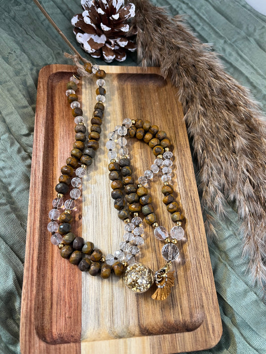 Mala “Aliento de Bambú” — Ágata Hoja de Bambú • Cristal de Roca