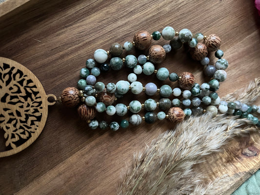 Mala « Forêt » - ANCRAGE - NATURE - RENOUVEAU - Agate arbre - Cristal de roche - Perles en bois