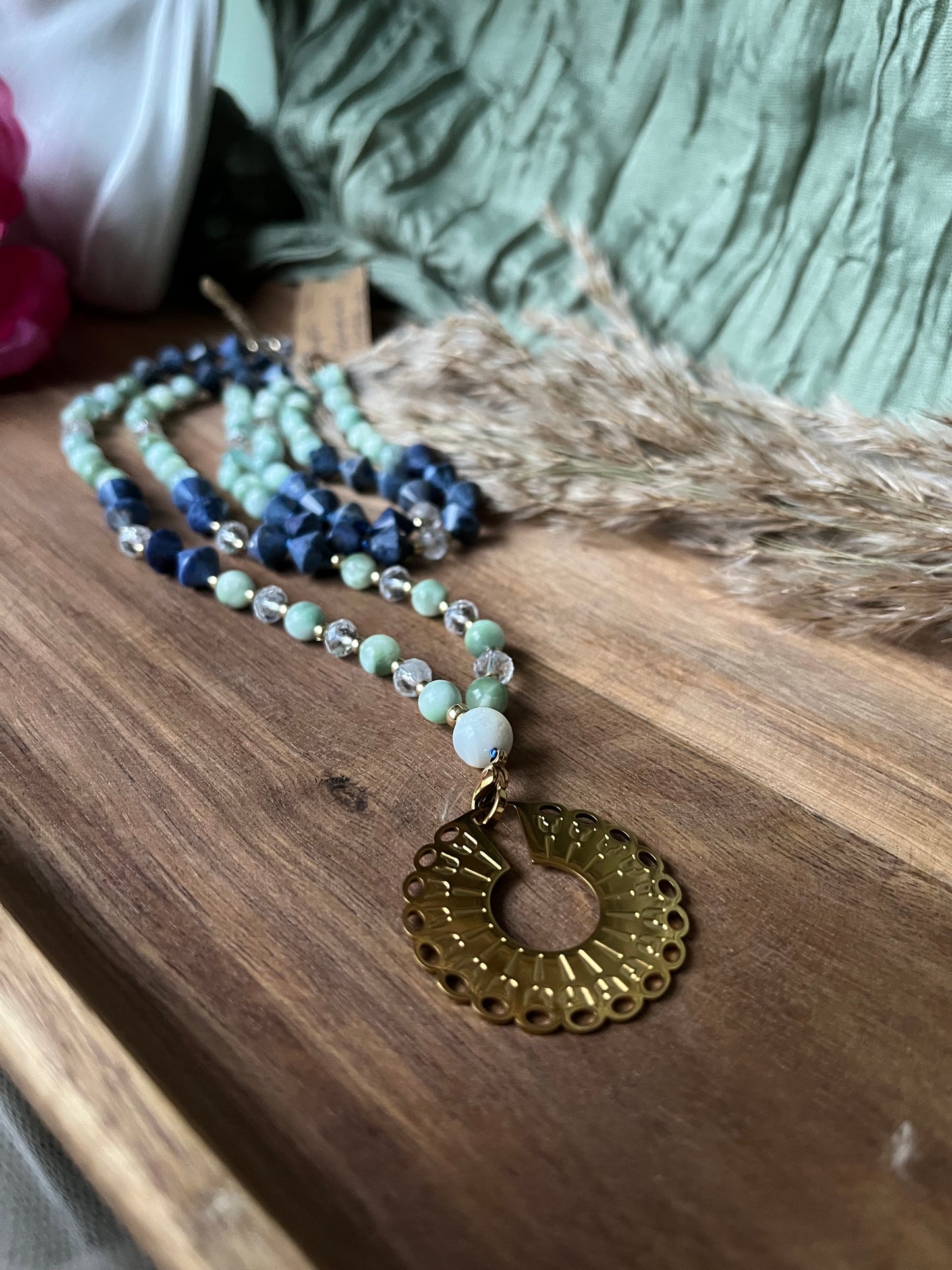 Mala « Voile des cieux » - SAGESSE - CONNEXION - ÉLÉVATION - Angélite - Dumortierite - Cristal de roche