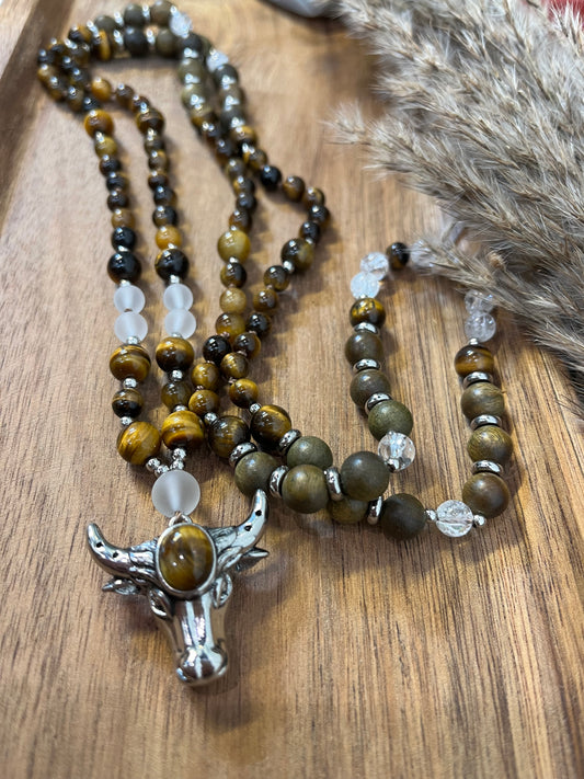 Mala « Courage Sacré » - FORCE INTÉRIEURE - PROTECTION -  STABILITÉ - Œil de tigre - Bois de santal - Cristal de roche