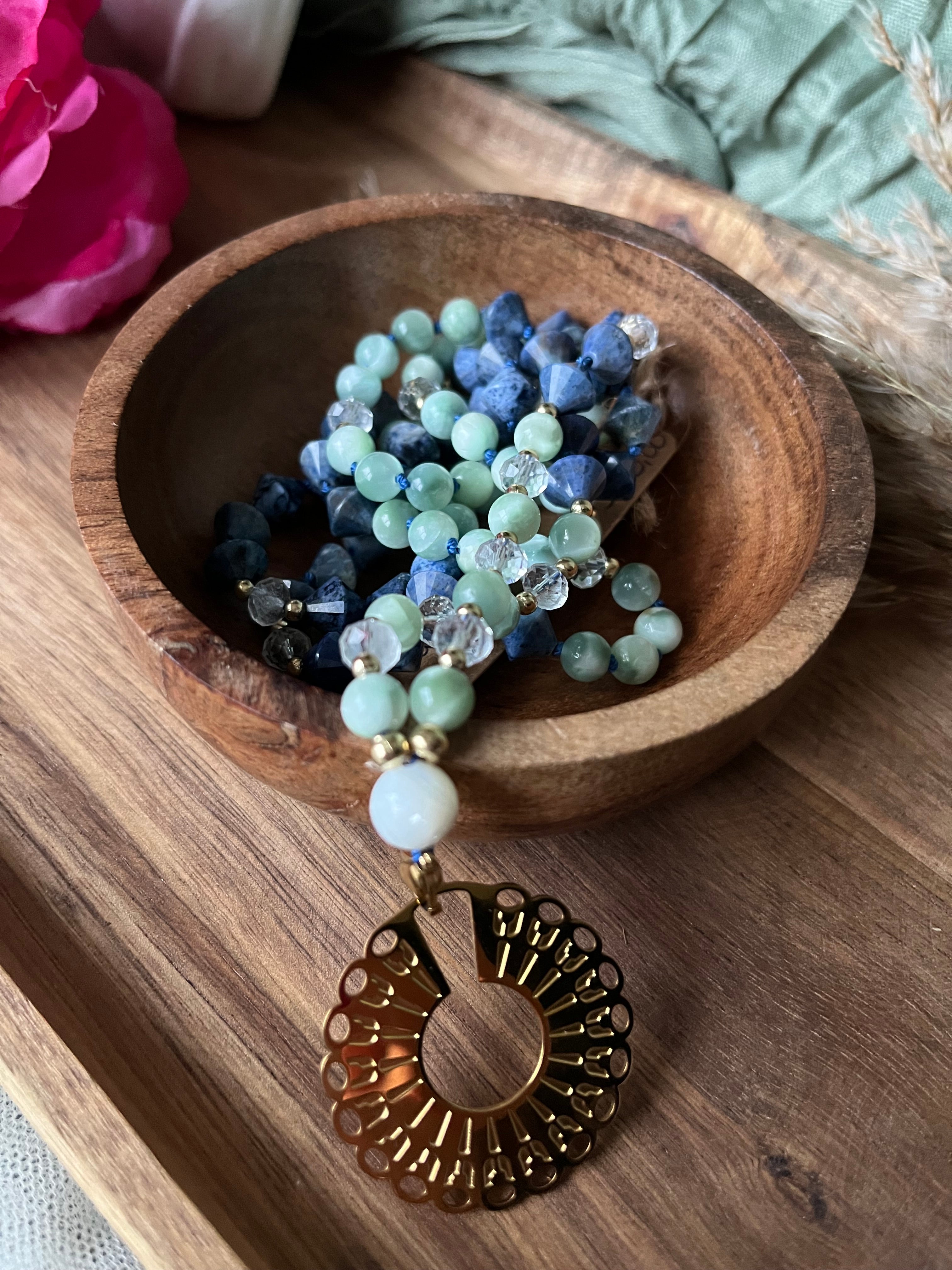 Mala « Voile des cieux » - SAGESSE - CONNEXION - ÉLÉVATION - Angélite - Dumortierite - Cristal de roche