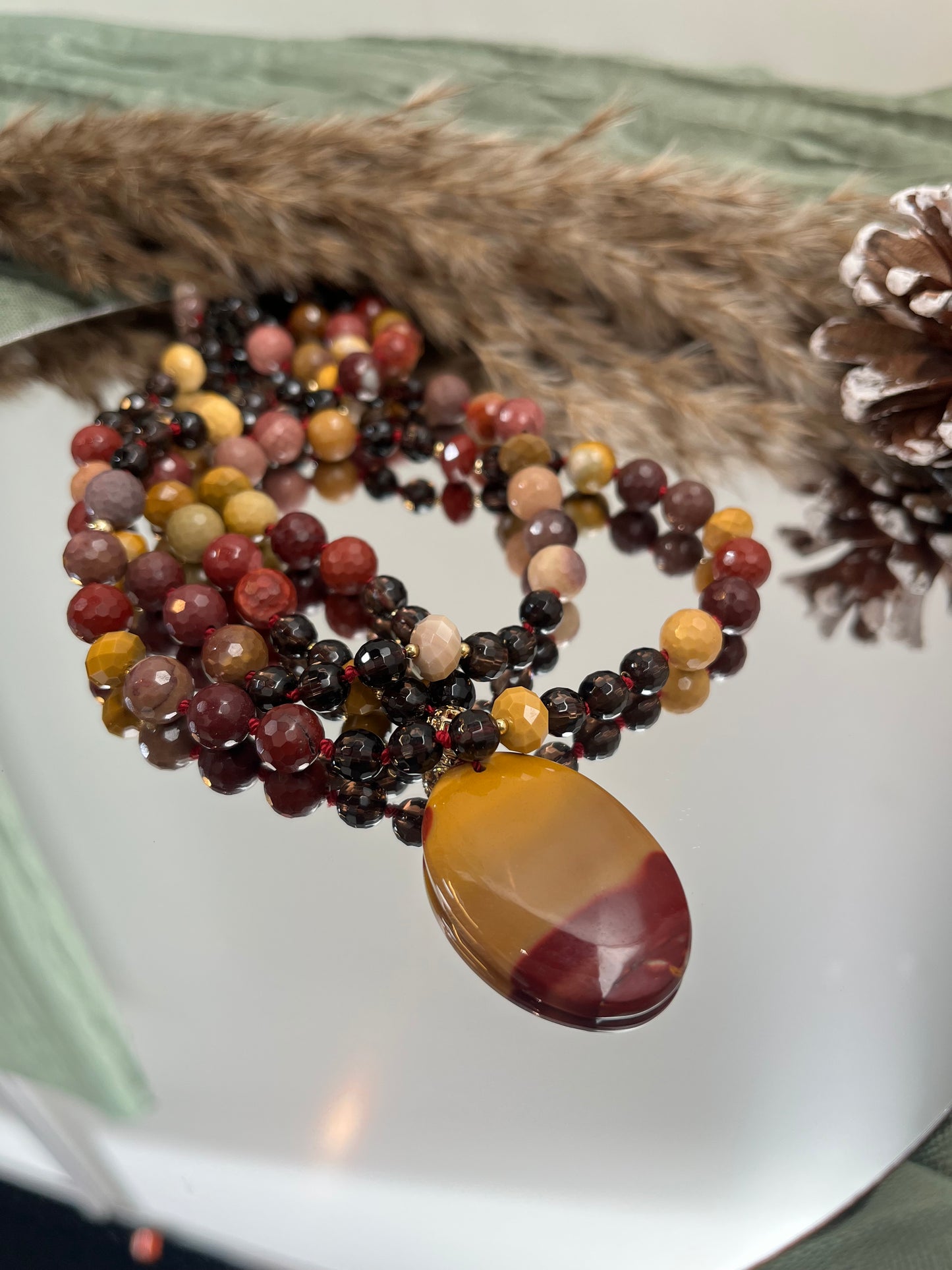 Mala « Terre Brune » - SAGESSE INTÉRIEURE - STABILITÉ - ANCRAGE - Mookaite - Quartz fumé