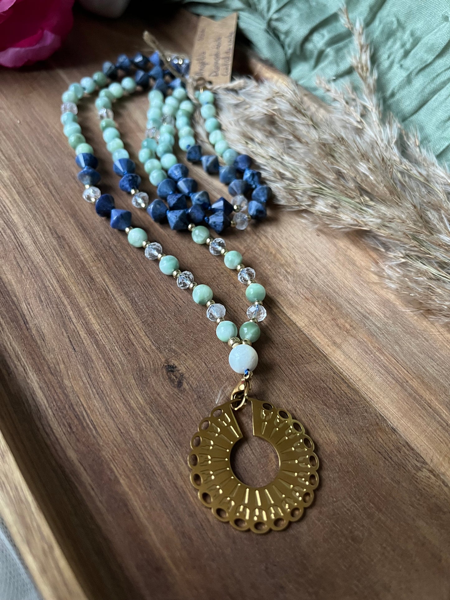 Mala « Voile des cieux » - SAGESSE - CONNEXION - ÉLÉVATION - Angélite - Dumortierite - Cristal de roche