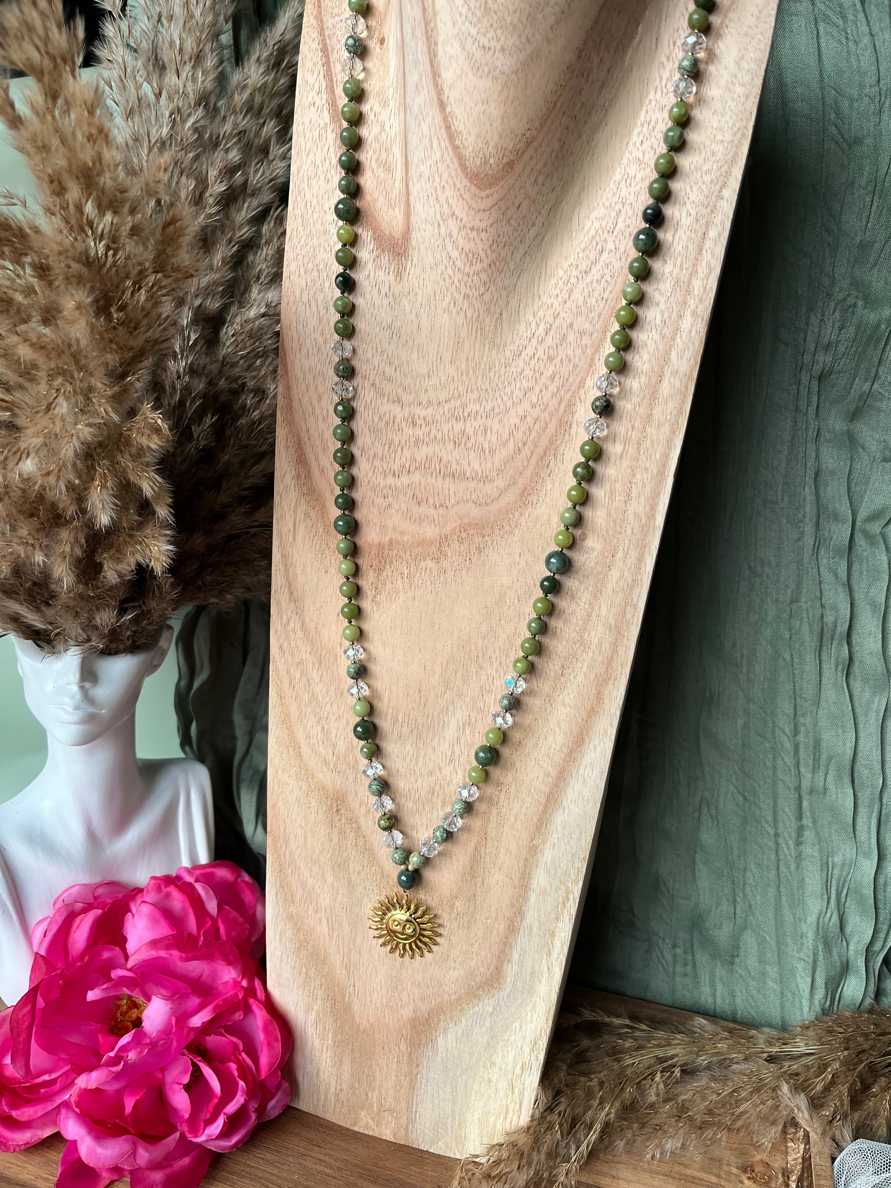 Mala « Souffle de Gaïa » - HARMONIE - RENOUVEAU - ANCRAGE - Jade verte - Agate mousse - Serpentine