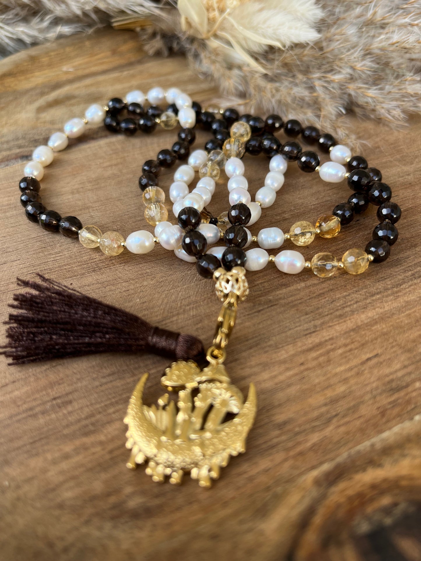 Mala " Lumière d'Ambre" -  Quartz fumé - Citrine - Pierre d'eau douce