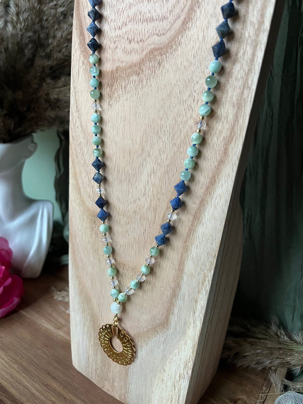 Mala « Voile des cieux » - SAGESSE - CONNEXION - ÉLÉVATION - Angélite - Dumortierite - Cristal de roche