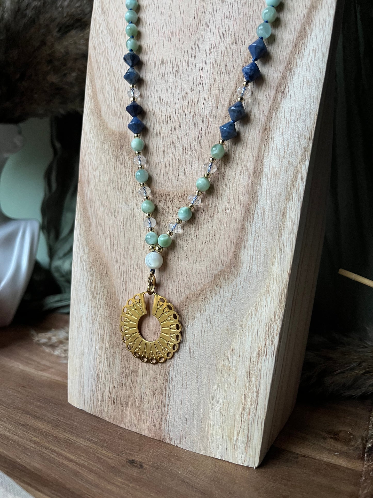 Mala « Voile des cieux » - SAGESSE - CONNEXION - ÉLÉVATION - Angélite - Dumortierite - Cristal de roche