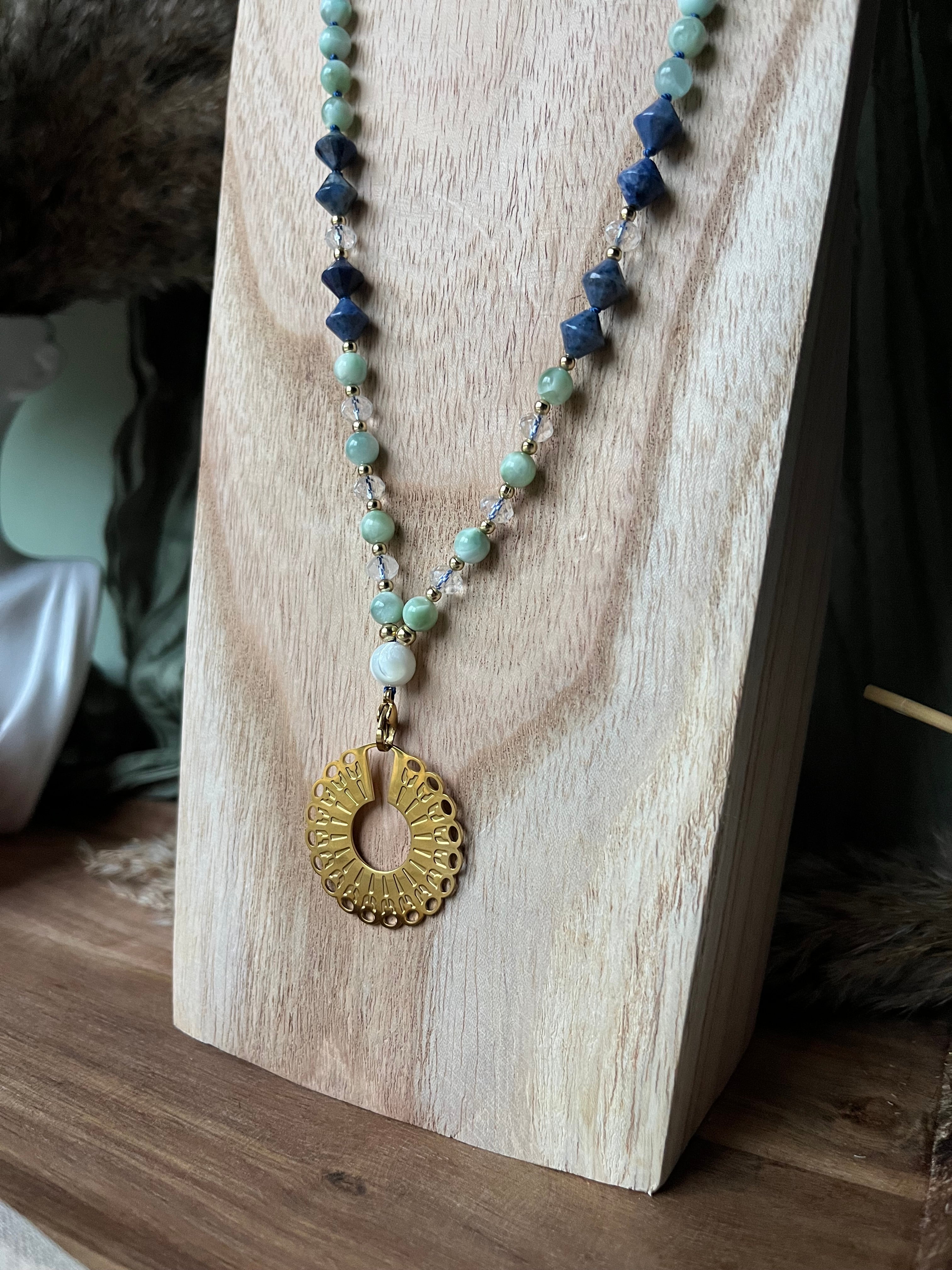 Mala « Voile des cieux » - SAGESSE - CONNEXION - ÉLÉVATION - Angélite - Dumortierite - Cristal de roche