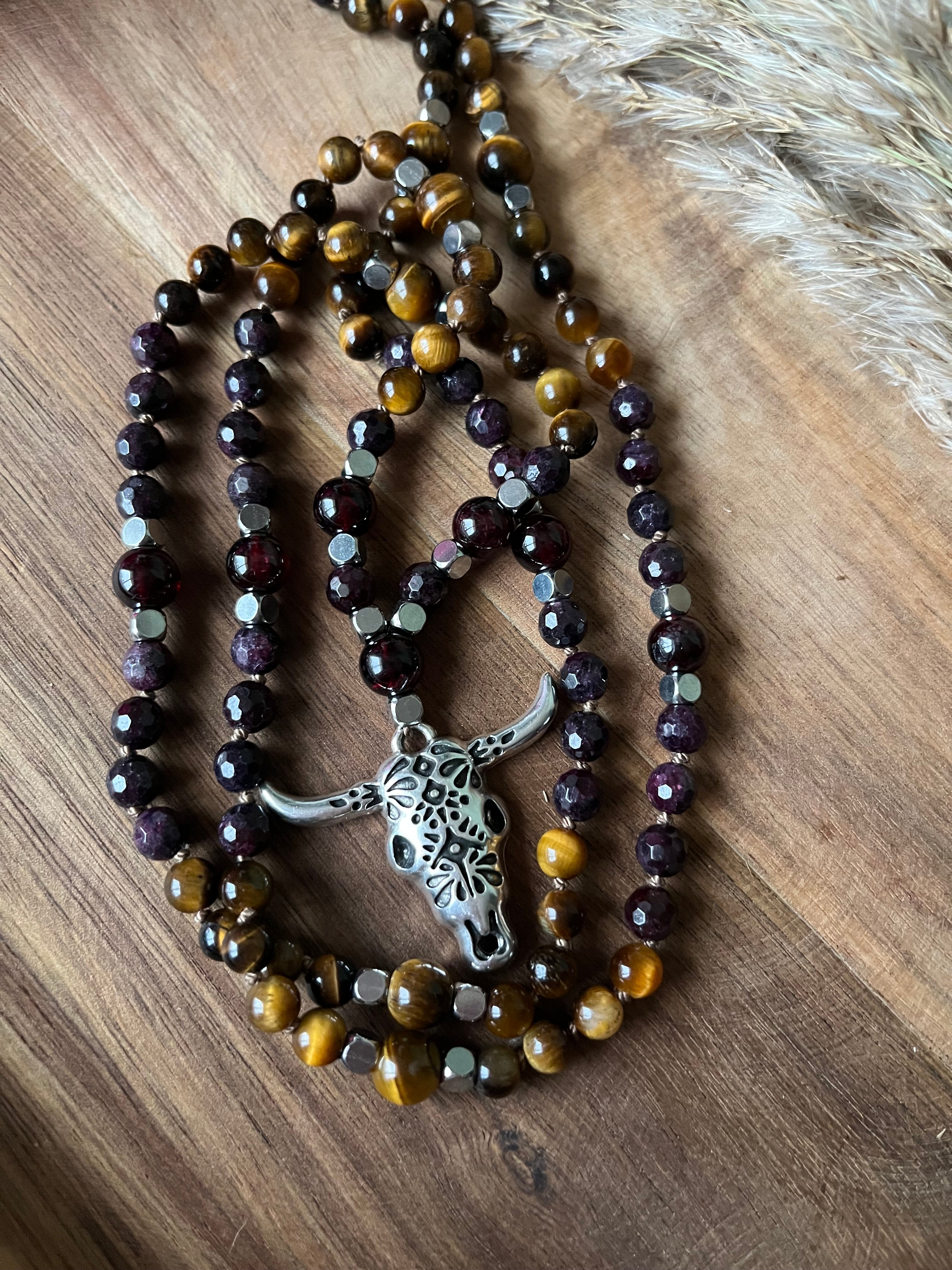 Mala « Âme guerrière » - FORCE - COURAGE - Grenat - Œil de tigre