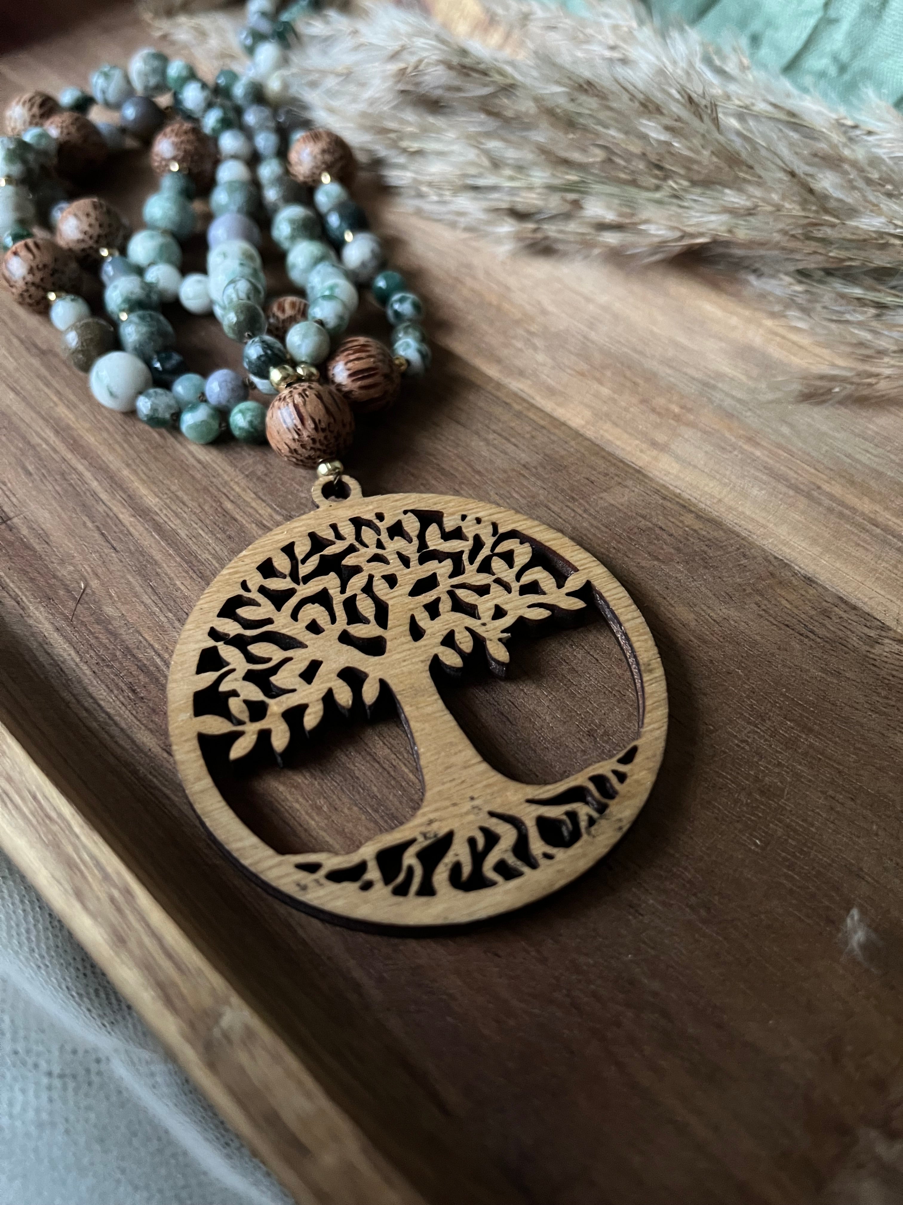 Mala « Forêt » - ANCRAGE - NATURE - RENOUVEAU - Agate arbre - Cristal de roche - Perles en bois