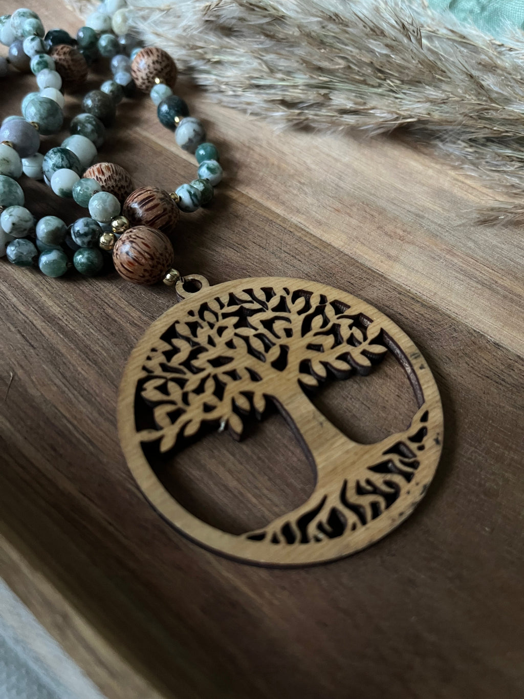 Mala « Forêt » - ANCRAGE - NATURE - RENOUVEAU - Agate arbre - Cristal de roche - Perles en bois