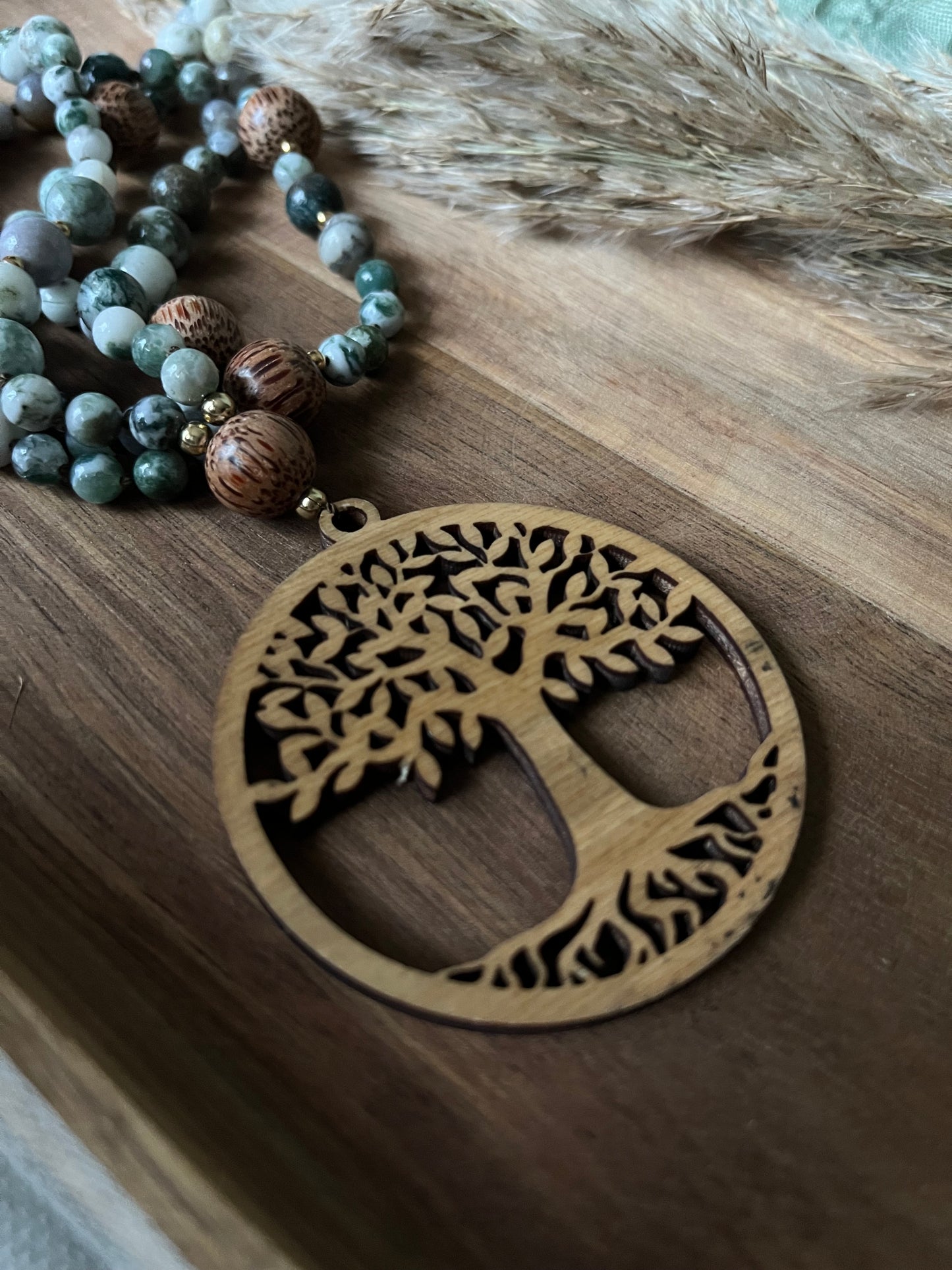 Mala « Forêt » - ANCRAGE - NATURE - RENOUVEAU - Agate arbre - Cristal de roche - Perles en bois