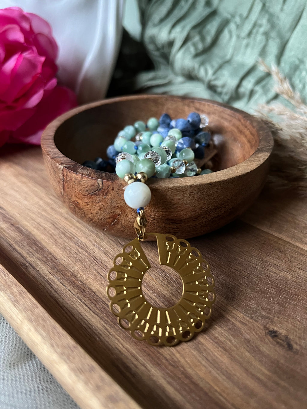 Mala « Voile des cieux » - SAGESSE - CONNEXION - ÉLÉVATION - Angélite - Dumortierite - Cristal de roche