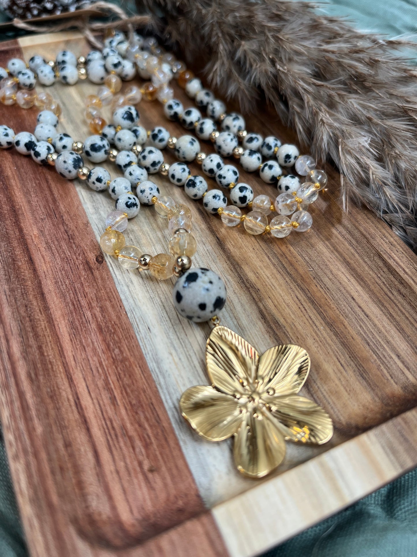 Mala « Joie Solaire » - OPTIMISME - CHANCE - VIBRATION SOLAIRE - Jaspe dalmatien - Citrine