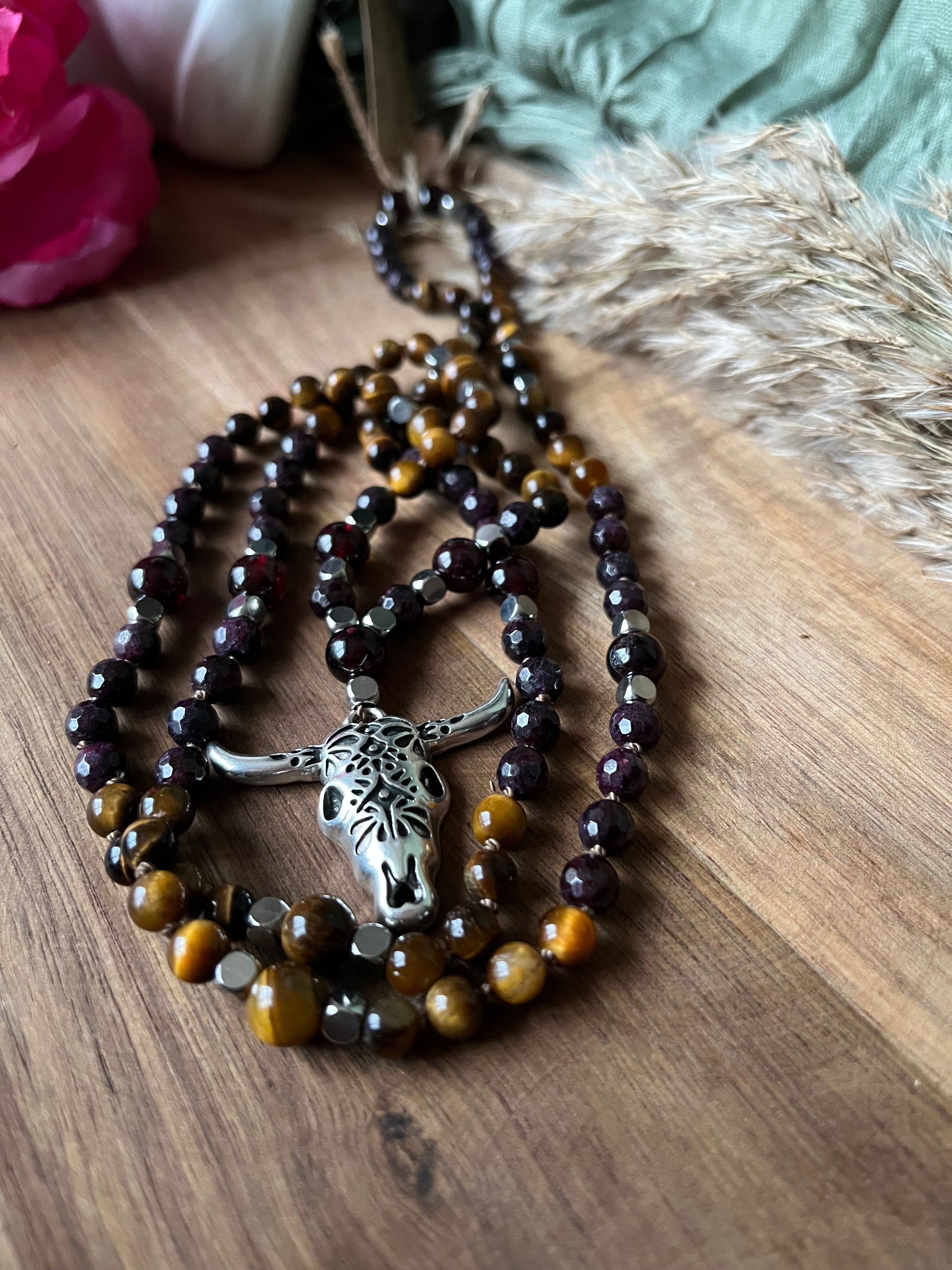 Mala « Âme guerrière » - FORCE - COURAGE - Grenat - Œil de tigre