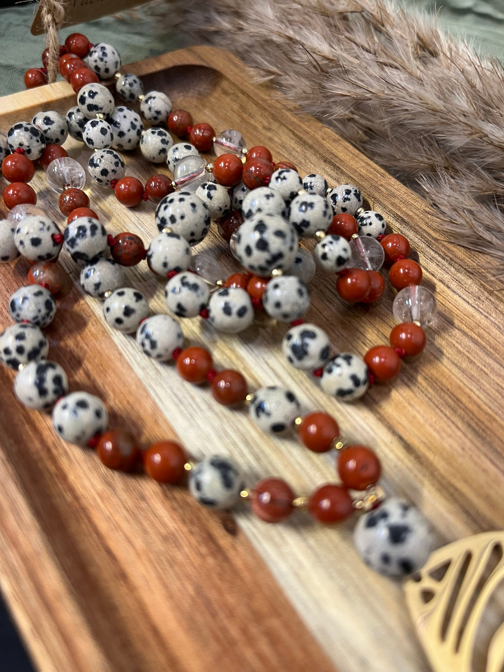 Mala « Racines Tachetées » - STABILITÉ - JOIE - ALIGNEMENT - Jaspe dalmatien - jaspe rouge - Cristal de Roche
