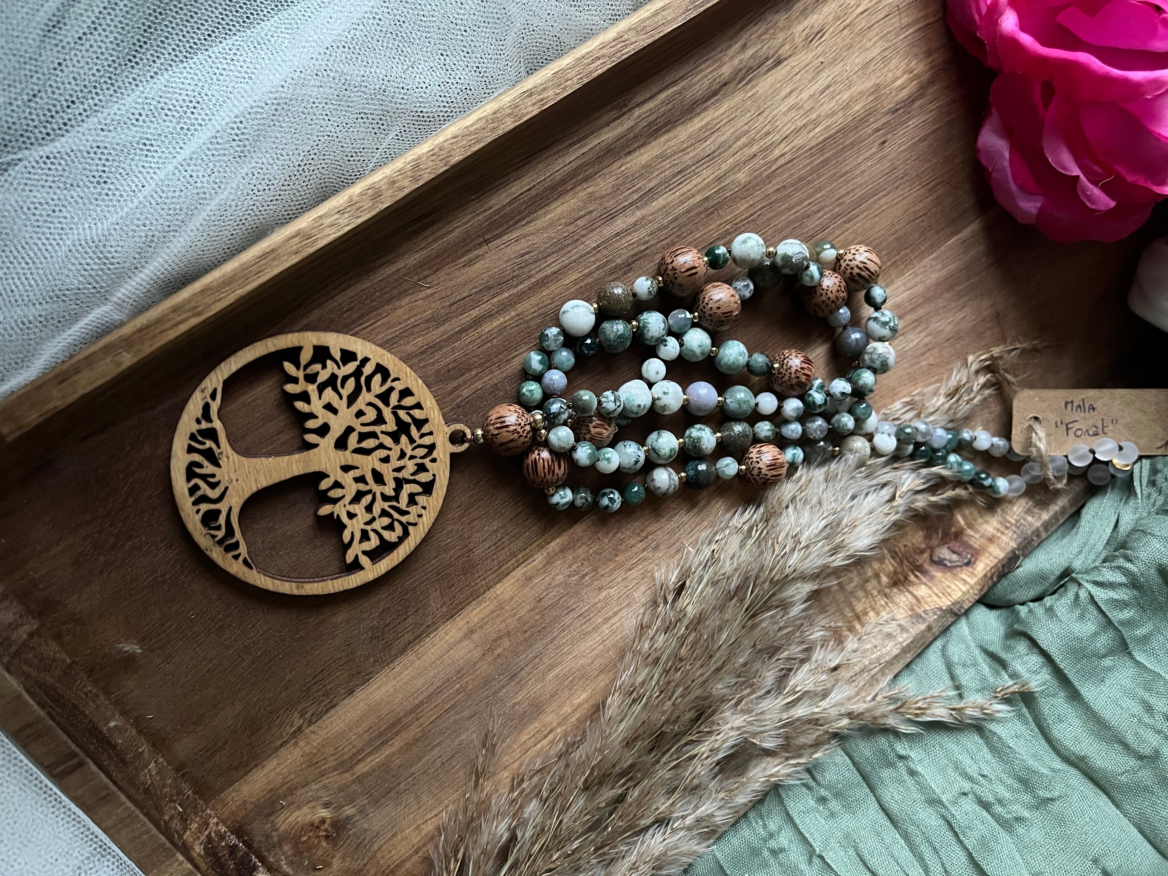 Mala « Forêt » - ANCRAGE - NATURE - RENOUVEAU - Agate arbre - Cristal de roche - Perles en bois