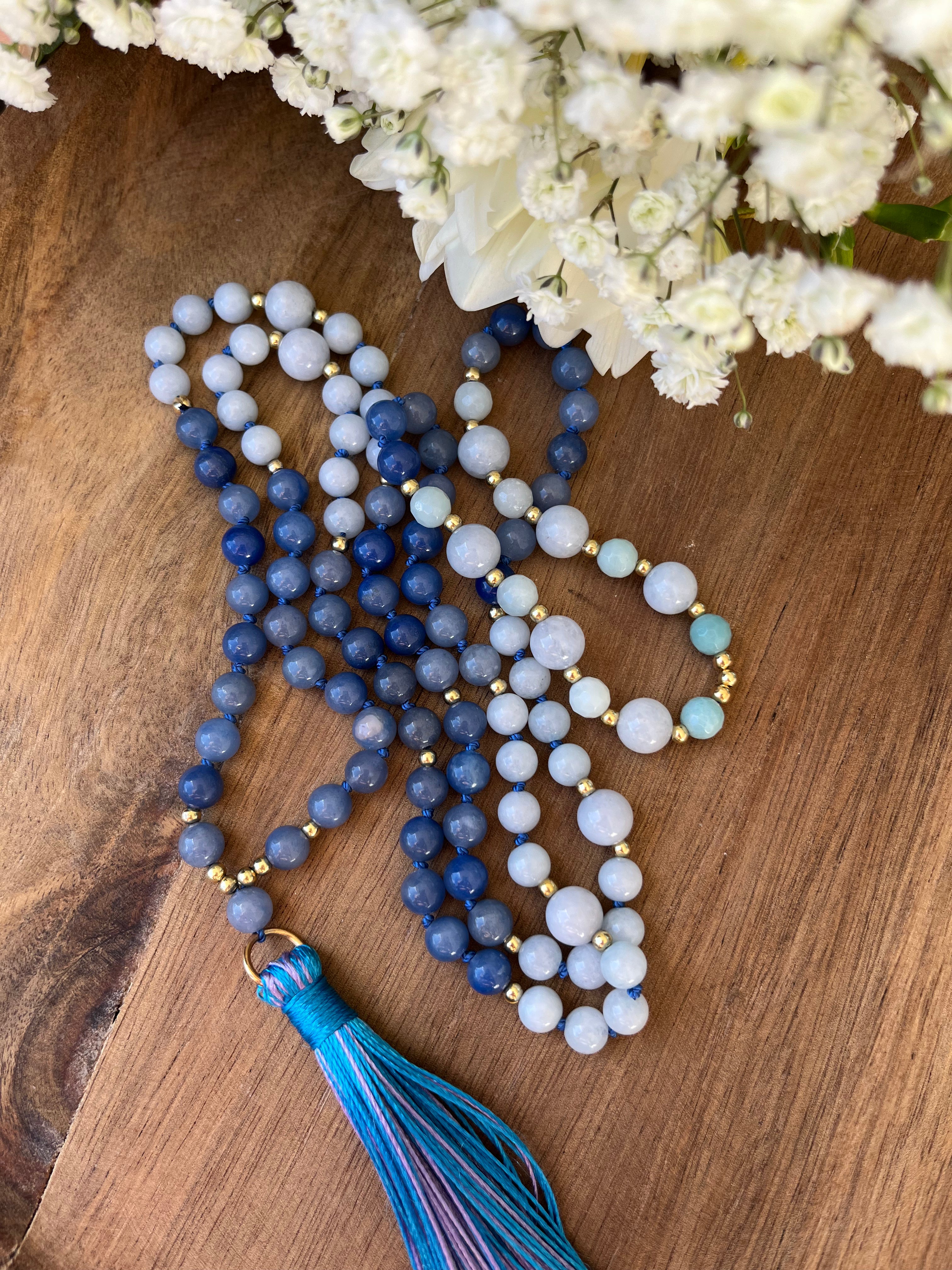 Mala "Harmonie Bleue" - SERENITE - HARMONIE - EXPRESSION - Aventurine bleue - Amazonite - Calcédoine