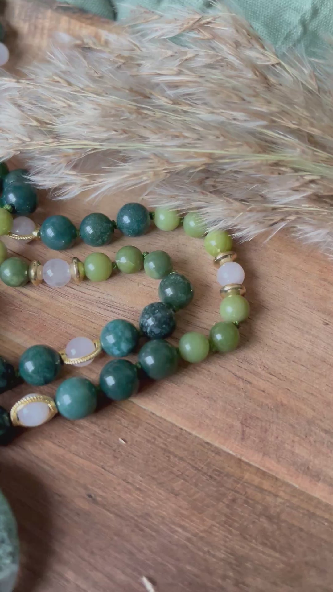 Mala « Voix de la Terre Rose » - ANCRAGE - DOUCEUR - HARMONIE - Jade vert - Agate mousse - Quartz Rose