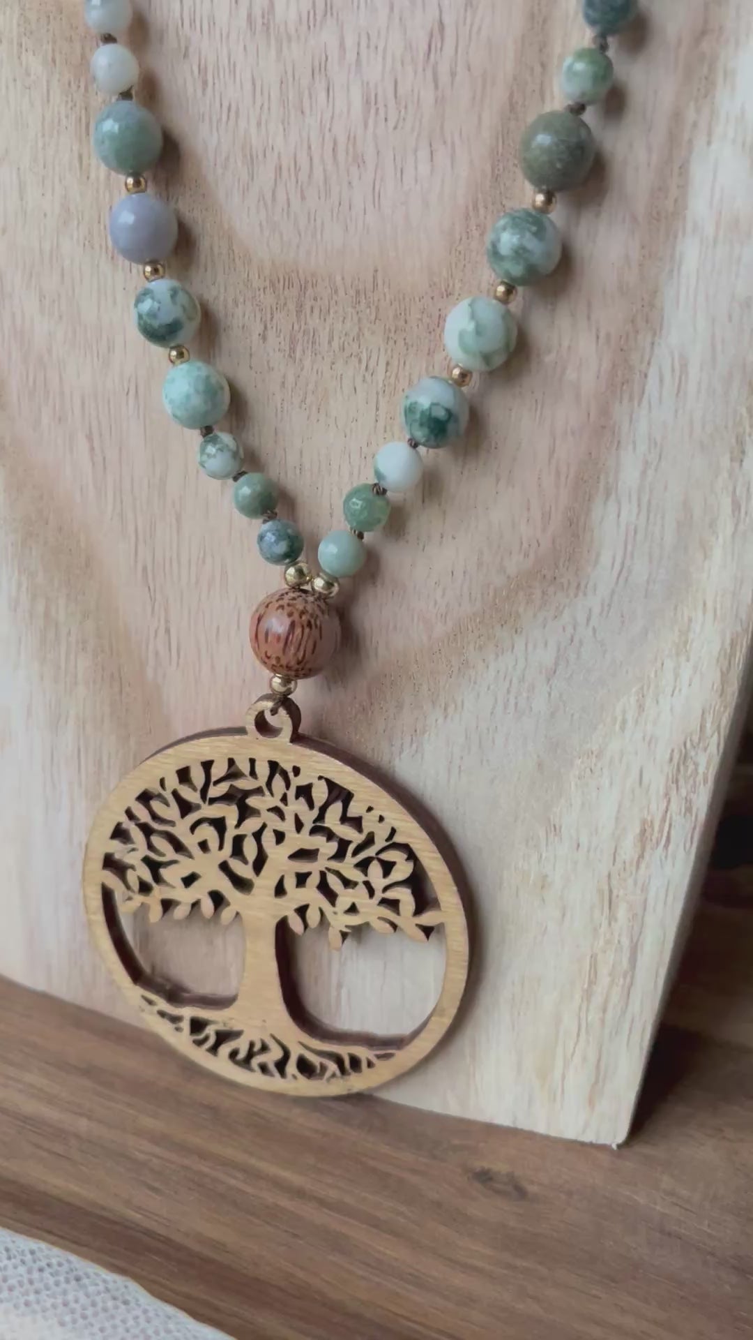 Mala « Forêt » - ANCRAGE - NATURE - RENOUVEAU - Agate arbre - Cristal de roche - Perles en bois